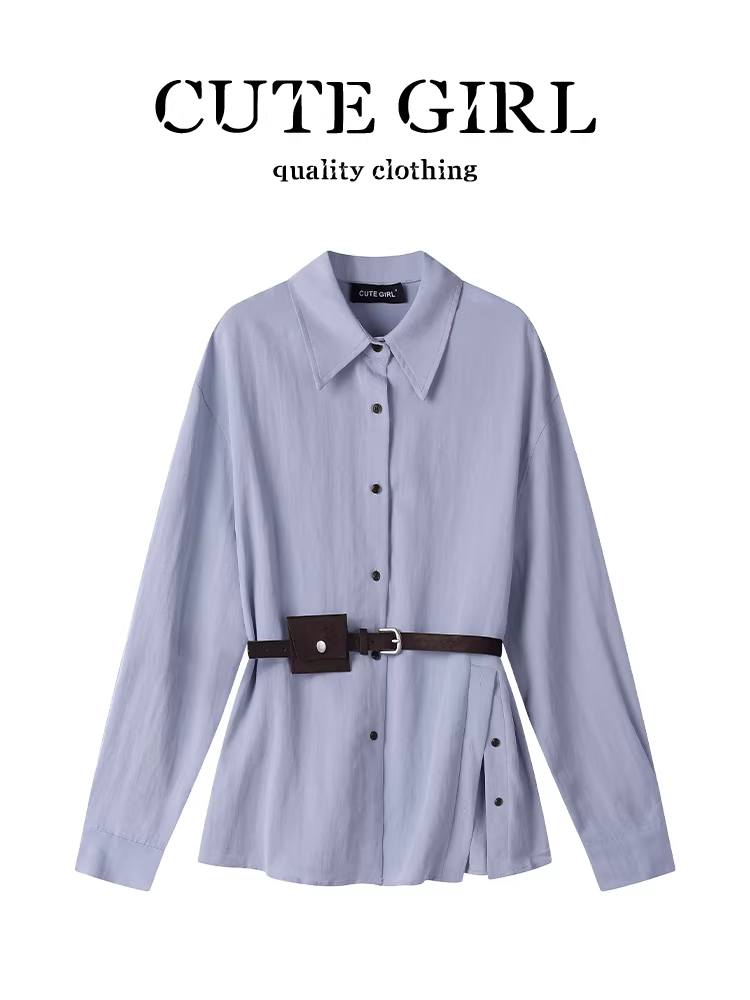 Áo sơ mi cổ polo có nút bên màu xanh phong cách Hàn Quốc dành cho nữ, áo sơ mi đa năng thường ngày mùa thu có thắt lưng