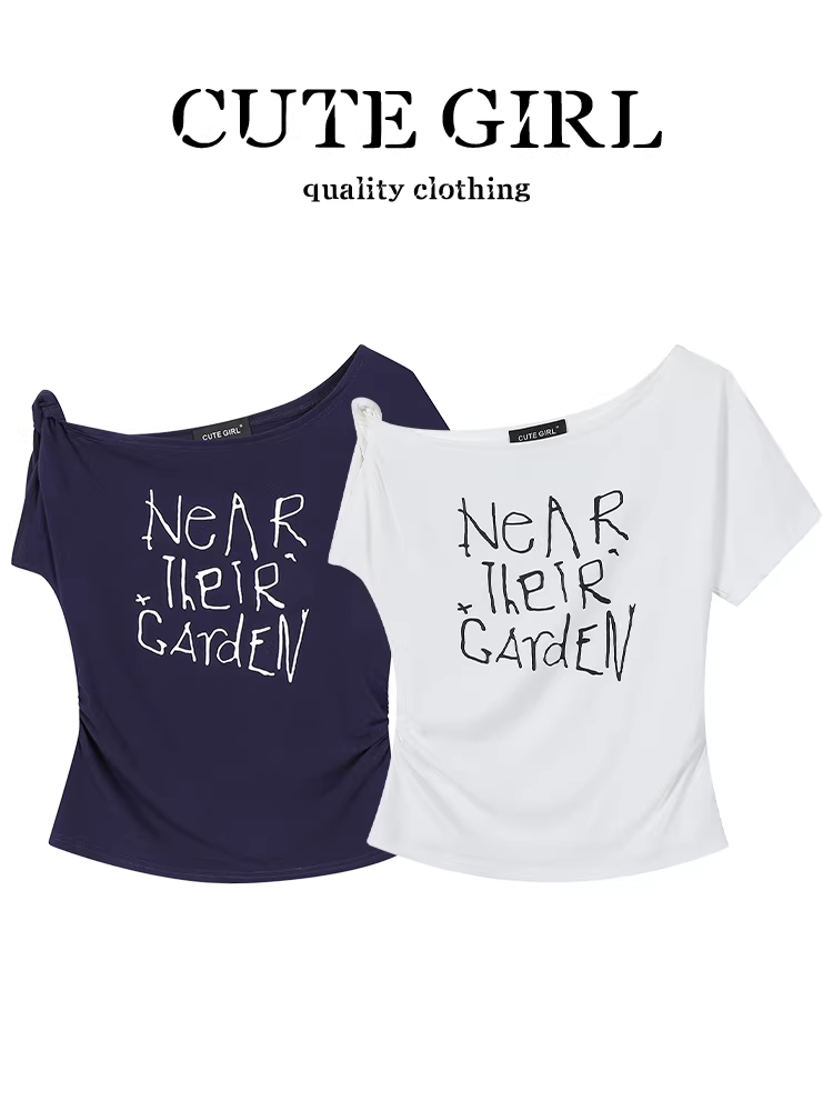 Áo thun ngắn tay màu trắng cổ tròn in họa tiết bất đối xứng lấy cảm hứng từ thiết kế CuteGirl dành cho nữ, áo ngắn eo thon mùa hè