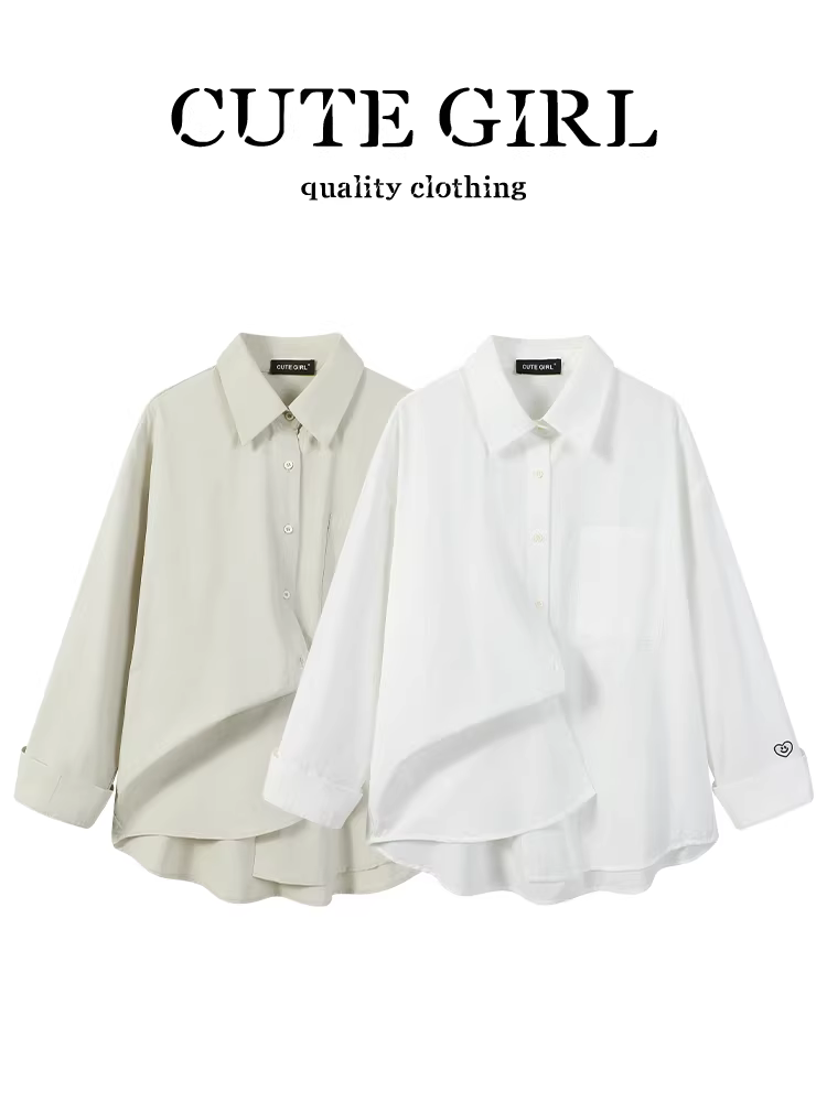 Áo sơ mi cổ polo màu trắng phong cách Pháp của CuteGirl dành cho nữ, thiết kế mùa thu, thích hợp, dáng rộng, đa năng, áo sơ mi giảm béo