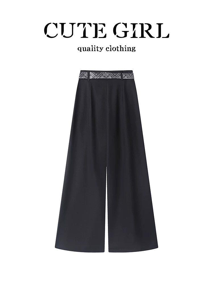 Bộ đồ phong cách retro Hàn Quốc của CuteGirl có khăn quàng cổ, quần ống rộng dành cho nữ, quần thường ngày đa năng eo cao thanh lịch mùa thu