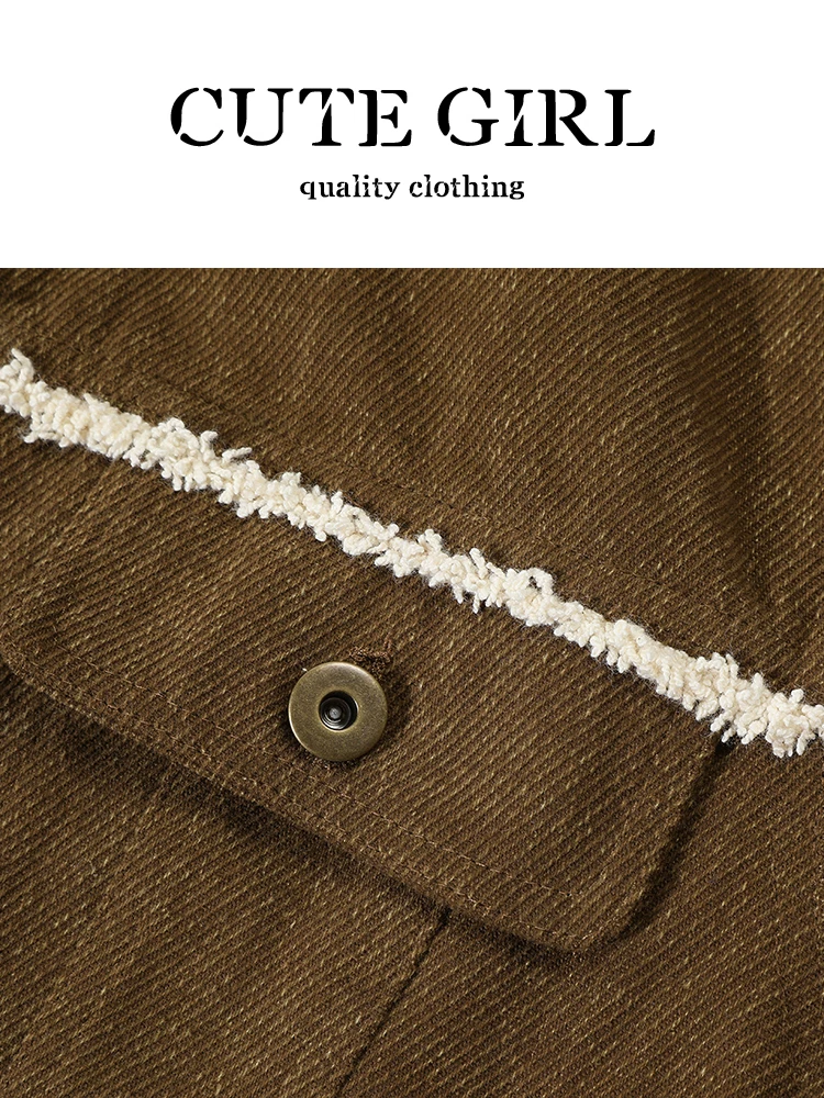 Áo khoác denim màu nâu cổ điển dễ thương dành cho nữ mùa thu đông phối ren phối áo khoác có cổ áo khoác cardigan