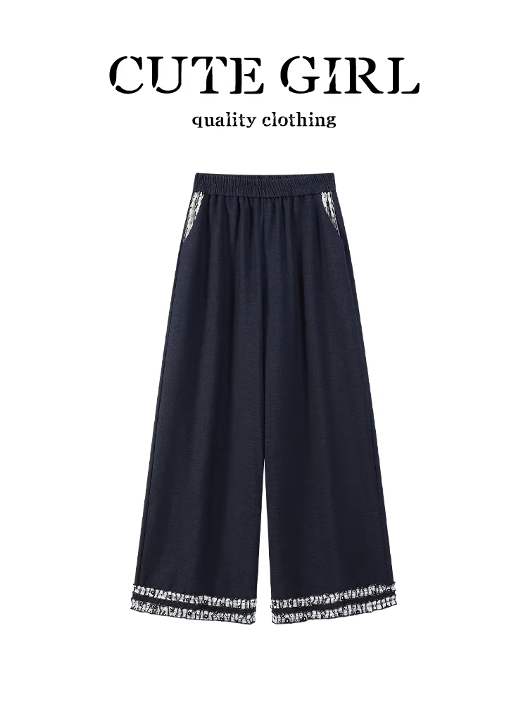 Quần jean ống rộng lưng thun phong cách Hàn Quốc dành cho nữ, quần ống rộng dáng suông đa năng cạp cao thu gọn dáng người mùa thu