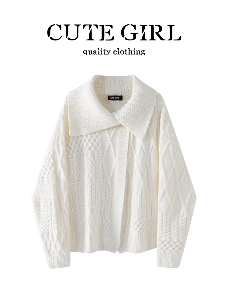 Áo len dệt kim có ve áo lớn màu trắng sữa phong cách Hàn Quốc dành cho nữ, thiết kế mùa thu, áo len cardigan dáng rộng, đa năng, giản dị