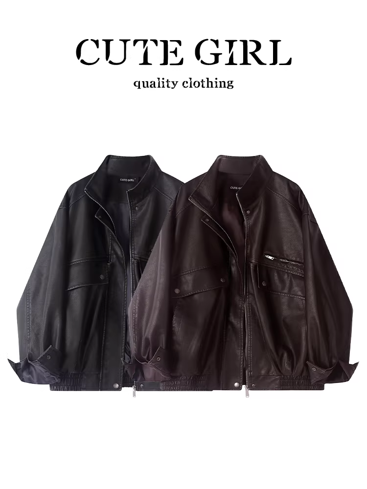 Áo khoác da PU cổ đứng màu cà phê phong cách CuteGirl Melard dành cho nữ, mùa thu đông, áo khoác thanh lịch, rộng rãi, đa năng, giảm tuổi tác