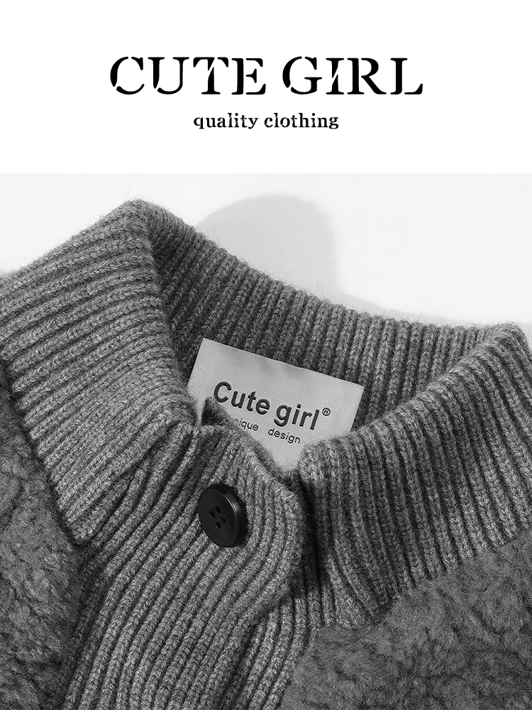 Áo khoác len cừu cổ đứng màu xám cổ điển CuteGirl dành cho nữ trong mùa thu đông, áo khoác lót lông cừu rộng rãi và đa năng dành cho người nhỏ nhắn