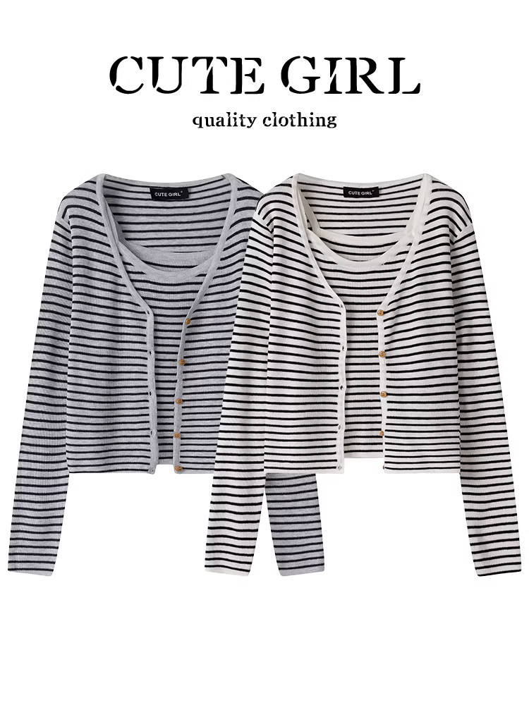 Bộ áo len dệt kim và áo yếm hai mảnh kiểu Pháp sọc màu phong cách Pháp dành cho nữ, đầu thu, áo đa năng và sang trọng