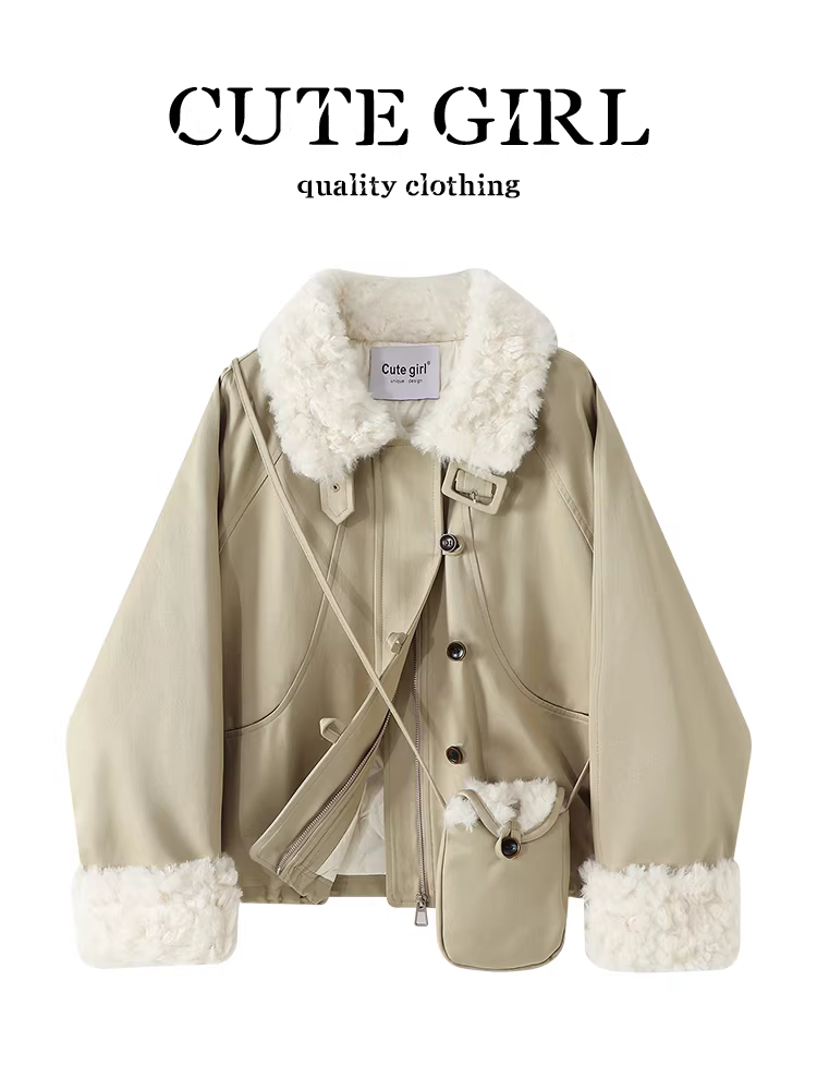 Áo khoác cổ lông cừu màu kaki phong cách Hàn Quốc dành cho nữ, mùa thu đông, áo khoác parka dáng rộng, thanh lịch, đa năng.