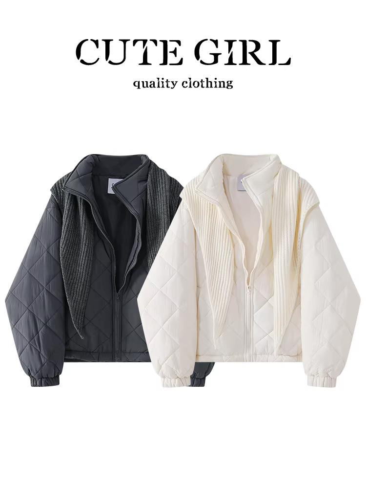 Áo khoác ngắn có cổ đứng chần bông nhỏ nhắn dễ thương dành cho nữ, áo khoác cotton ấm áp đa năng dáng rộng giản dị mùa thu đông