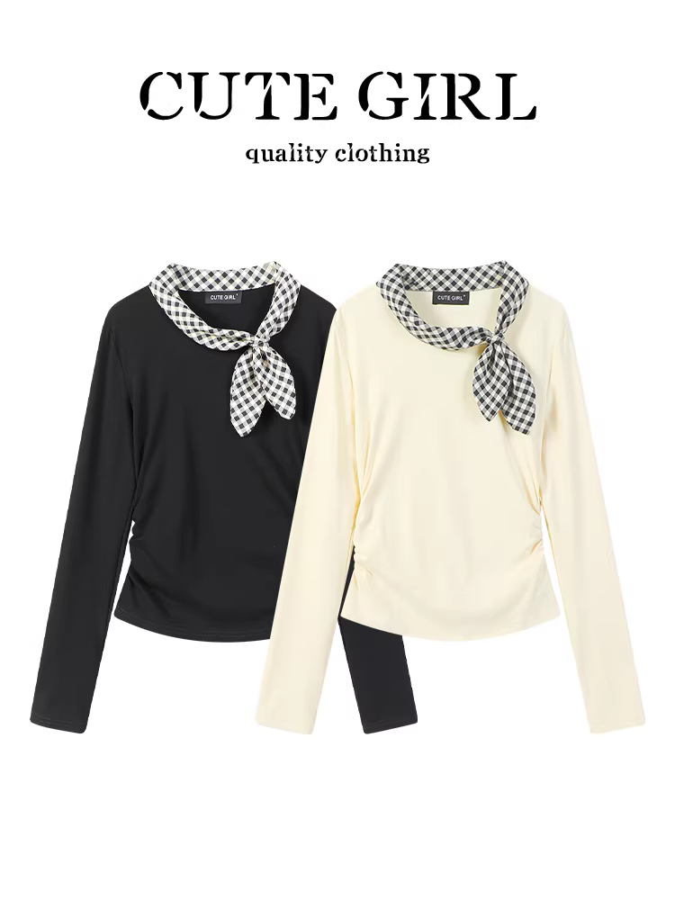 Áo thun dài tay kiểu Pháp màu mơ phối họa tiết kẻ sọc nơ dành cho nữ, dáng ôm mùa thu, đa năng, áo giảm tuổi tác