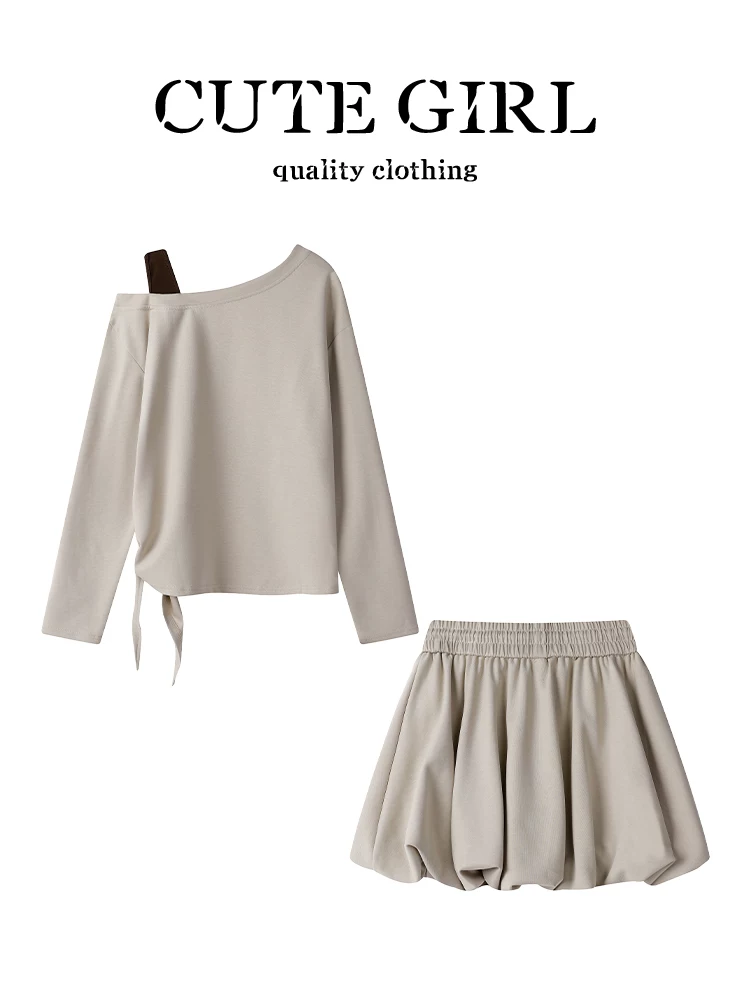 Áo len trễ vai buộc dây phong cách preppy của CuteGirl dành cho nữ đầu thu thanh lịch váy phồng hoa lưng cao thanh lịch Bộ hai món