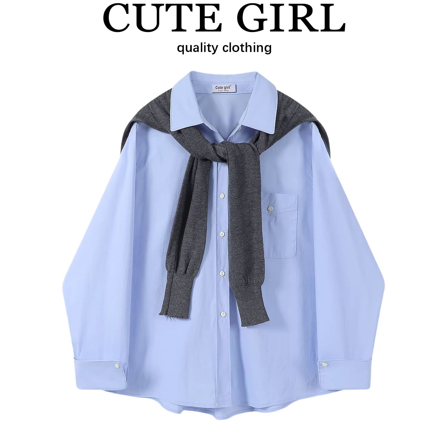 Áo sơ mi dài tay khăn choàng màu xanh phong cách Hàn Quốc dễ thương dành cho nữ đầu thu lười biếng áo khoác dáng rộng giản dị áo sơ mi hàng đầu