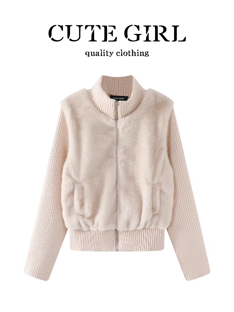 Áo khoác dệt kim chắp vá lông màu mơ kiểu Hàn Quốc của CuteGirl dành cho nữ, mùa thu đông, áo cardigan có khóa kéo thanh lịch, rộng rãi, đa năng