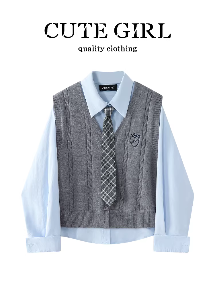 Áo vest dệt kim cổ xanh cổ điển của CuteGirl dành cho nữ, phong cách mùa thu, áo sơ mi xếp lớp rộng rãi và đa năng.