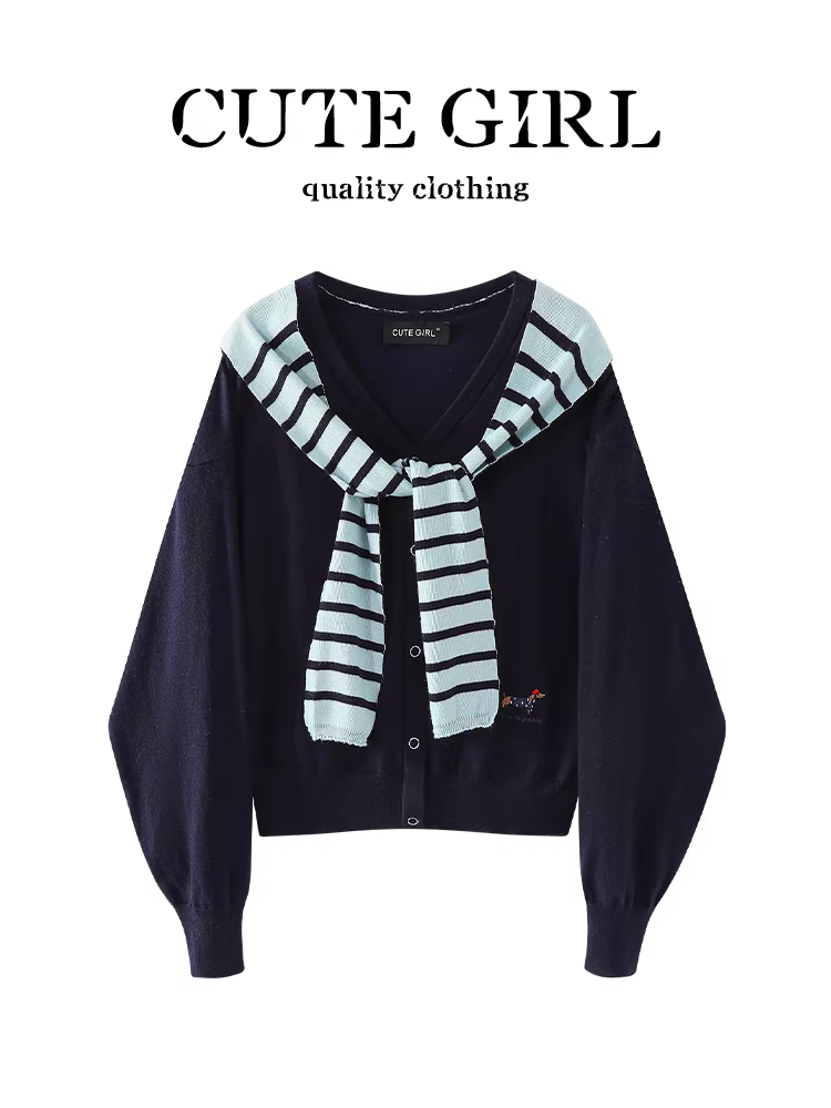 Áo len dệt kim cổ chữ V màu xanh hải quân phong cách preppy CuteGirl dành cho nữ, áo len cardigan dáng rộng thanh lịch mùa thu, đa năng