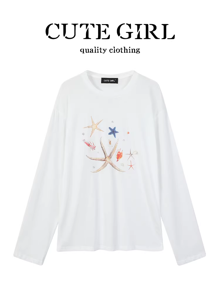 Áo thun dài tay in họa tiết màu trắng phong cách Hàn Quốc dành cho nữ mùa hè, dáng rộng, giản dị, đa năng và giảm tuổi tác