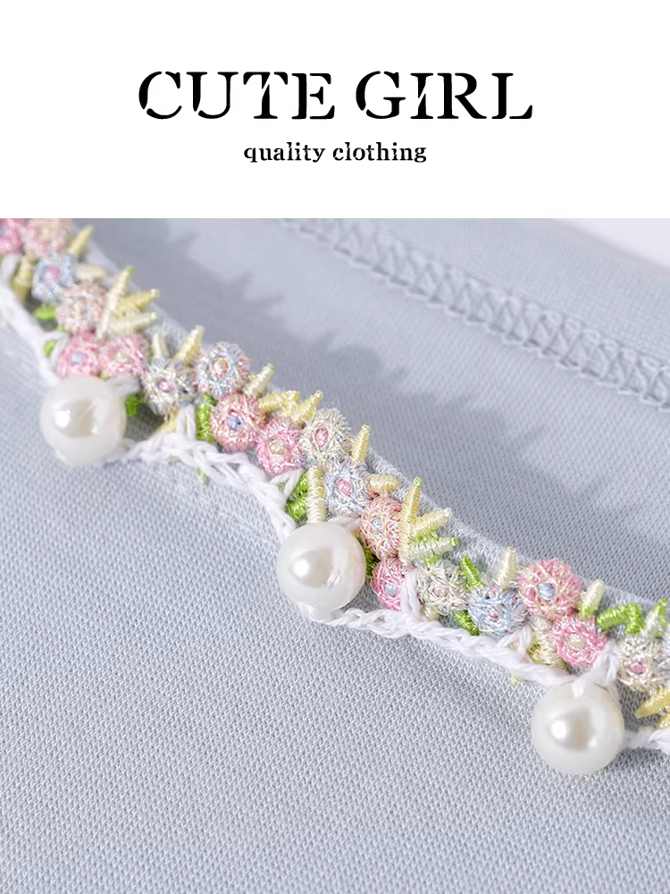 Áo thun ngắn tay màu xanh thêu đính cườm phong cách Hàn Quốc dành cho nữ mùa hè có dây buộc eo bất đối xứng