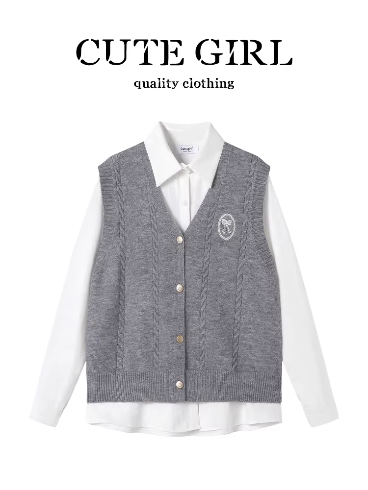 CuteGirl phong cách Hàn Quốc preppy thêu nơ áo vest dệt kim cardigan áo sơ mi trắng nhung hai mảnh