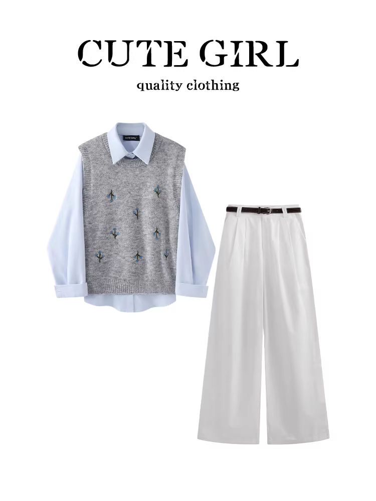 Bộ trang phục trẻ trung dành cho nữ mùa thu đông: áo sơ mi xanh, áo len dệt kim, quần ống rộng phong cách thường ngày