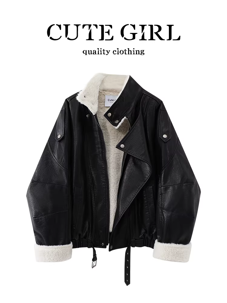 Áo khoác da cổ đứng cổ đứng màu đen cổ điển của CuteGirl dành cho nữ, thiết kế mùa thu, áo khoác rộng rãi và đa năng