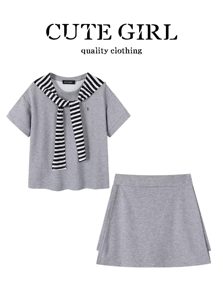 Bộ trang phục mùa hè giảm tuổi tác CuteGirl dành cho nữ: khăn choàng, áo thun ngắn tay, váy chữ A lưng cao bộ ba món