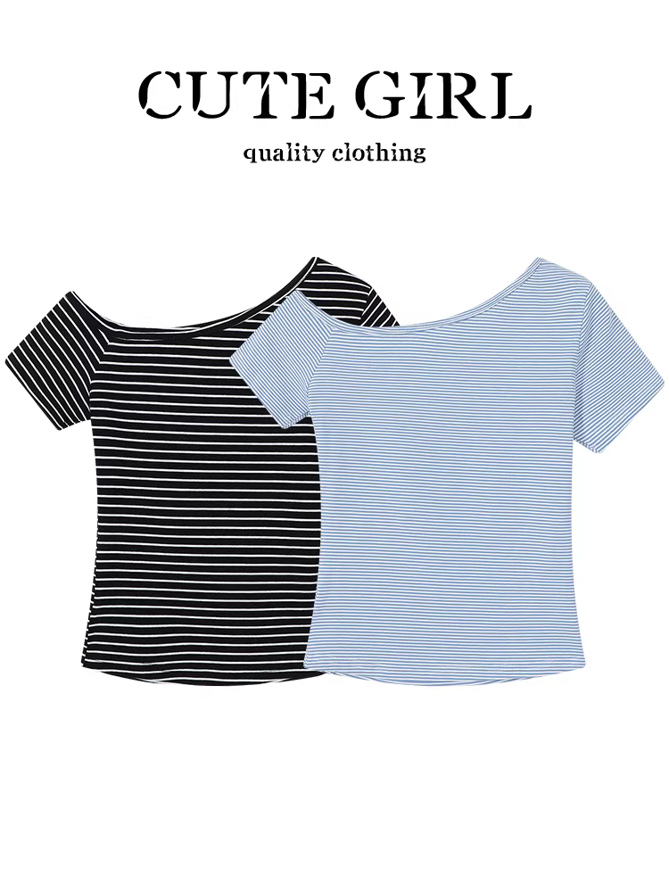 Áo thun ngắn tay trễ vai sọc phong cách Hàn Quốc dễ thương dành cho nữ, áo trễ vai dáng ôm đa năng, tôn dáng cho mùa hè