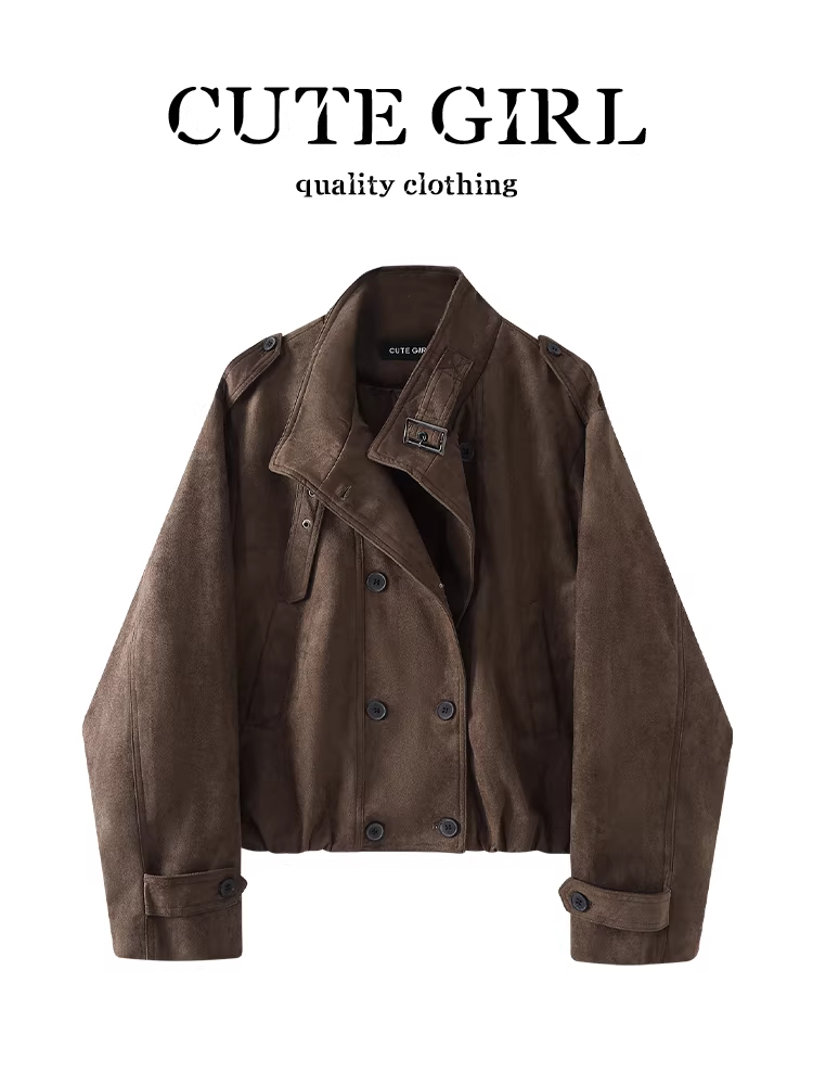 Áo khoác cổ đứng da lộn cổ điển Hàn Quốc CuteGirl dành cho nữ, thiết kế mùa thu, dáng rộng, giản dị, đa năng, áo khoác giảm béo
