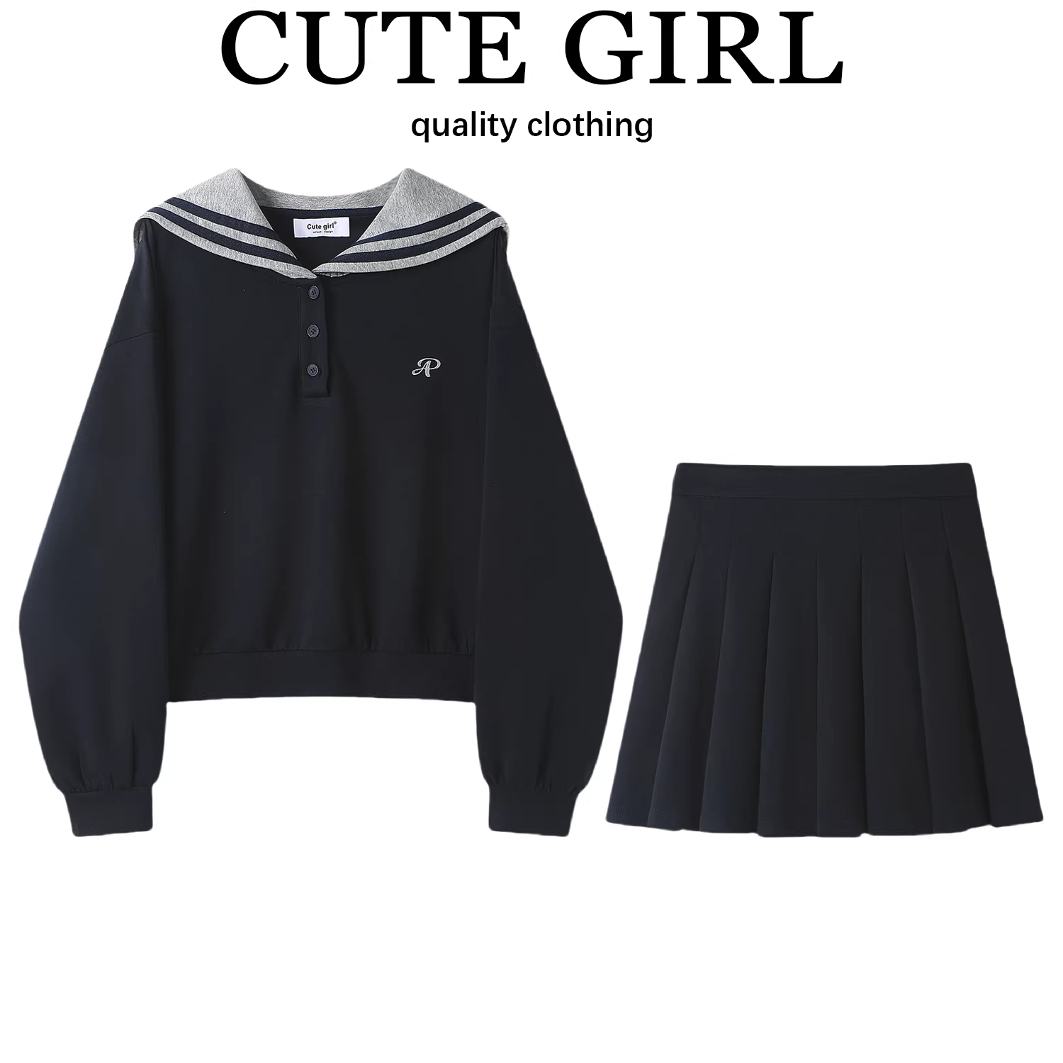 CuteGirl phong cách preppy sọc tương phản cổ áo thủy thủ áo nỉ dáng rộng mùa xuân của phụ nữ váy xếp ly ngắn hai mảnh