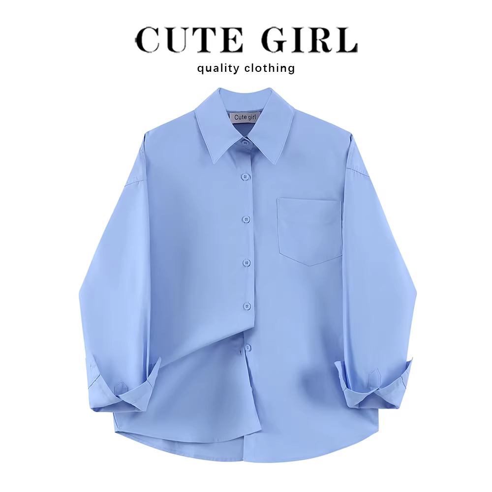 Áo khoác cardigan kiểu Pháp dễ thương, áo sơ mi màu xanh cổ trụ nữ, áo dài tay mới mùa thu 2024