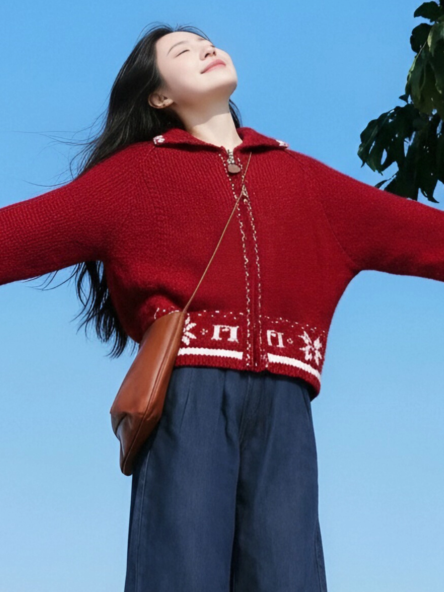 Áo len cardigan có khóa kéo màu đỏ Giáng sinh của CuteGirl dành cho nữ, áo len mùa đông thông thường đa năng, kiểu dáng lười biếng