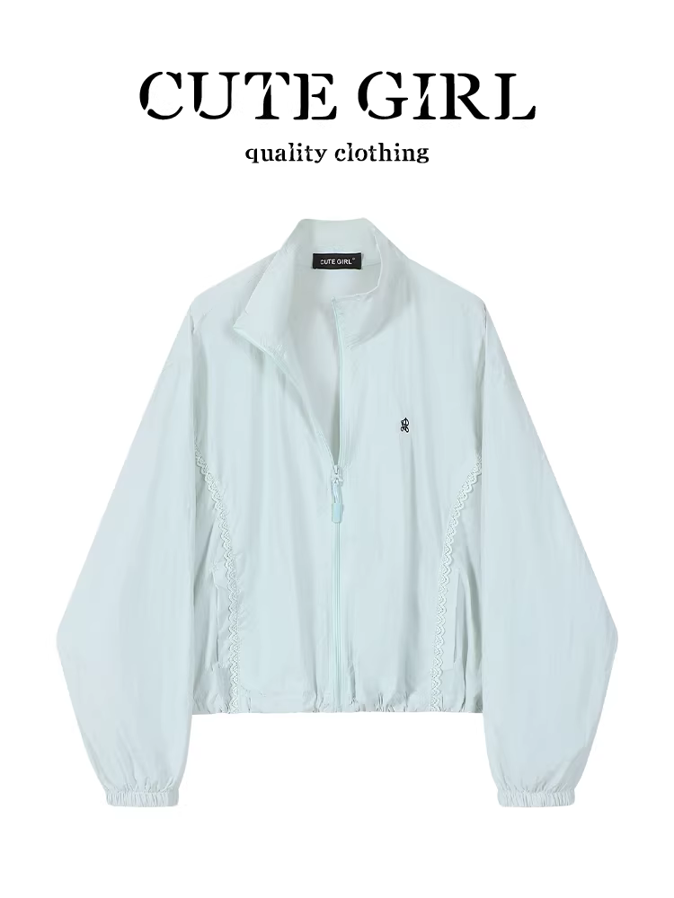 Áo khoác chống nắng ngắn cổ đứng thêu phong cách thể thao CuteGirl dành cho nữ, mùa hè, dáng nhỏ nhắn, rộng rãi và đa năng