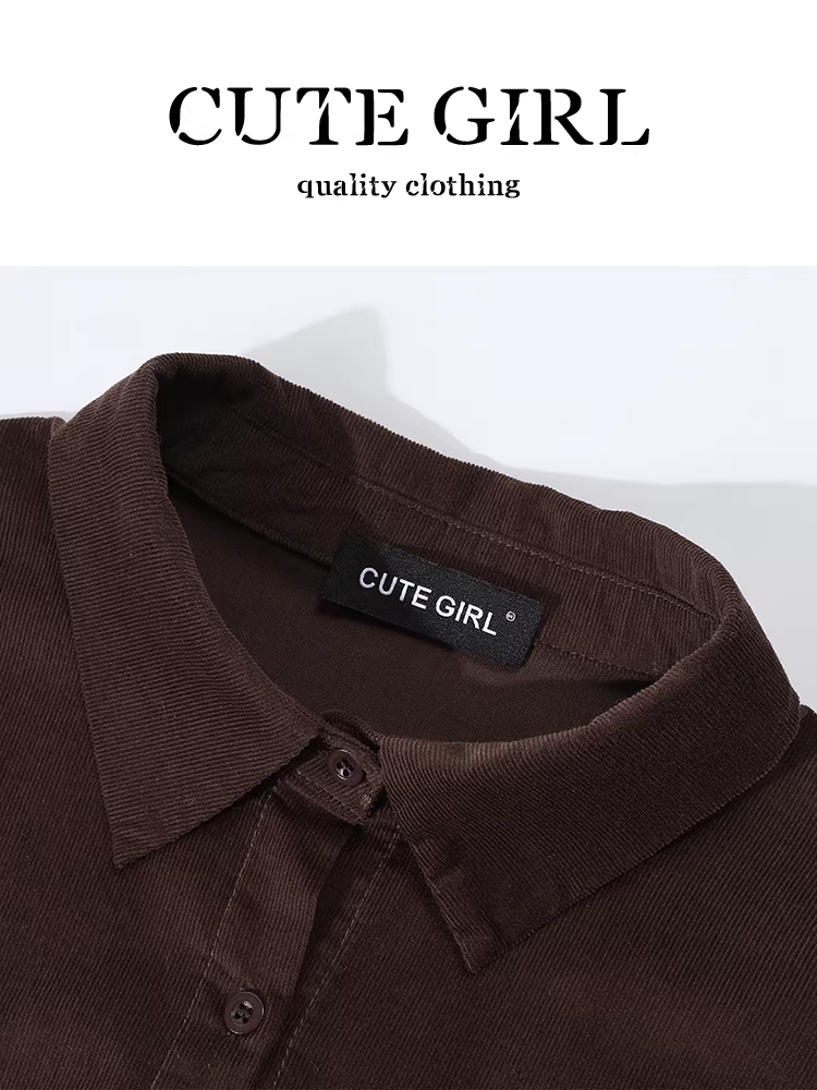 Áo sơ mi nhung kẻ màu cà phê cổ điển Hàn Quốc có khăn choàng cho nữ, phong cách mùa thu, áo sơ mi dáng rộng, giản dị và đa năng