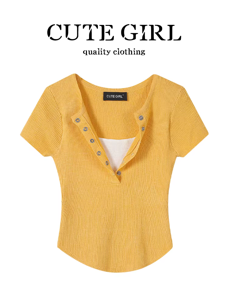 Thiết kế độc đáo của CuteGirl, áo thun dệt kim giả hai mảnh màu tương phản dành cho nữ, áo thun giảm béo mùa hè tuyệt đẹp