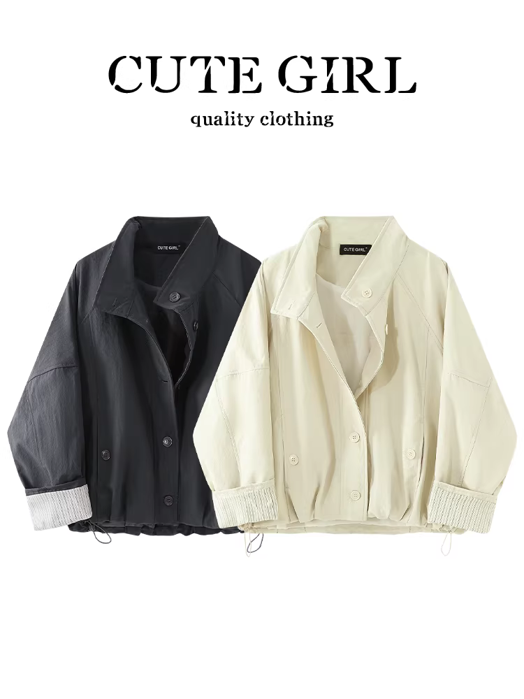 CuteGirl Áo khoác sọc phong cách Hàn Quốc có cổ đứng ngắn kiểu Anh Áo khoác mùa thu dành cho nữ