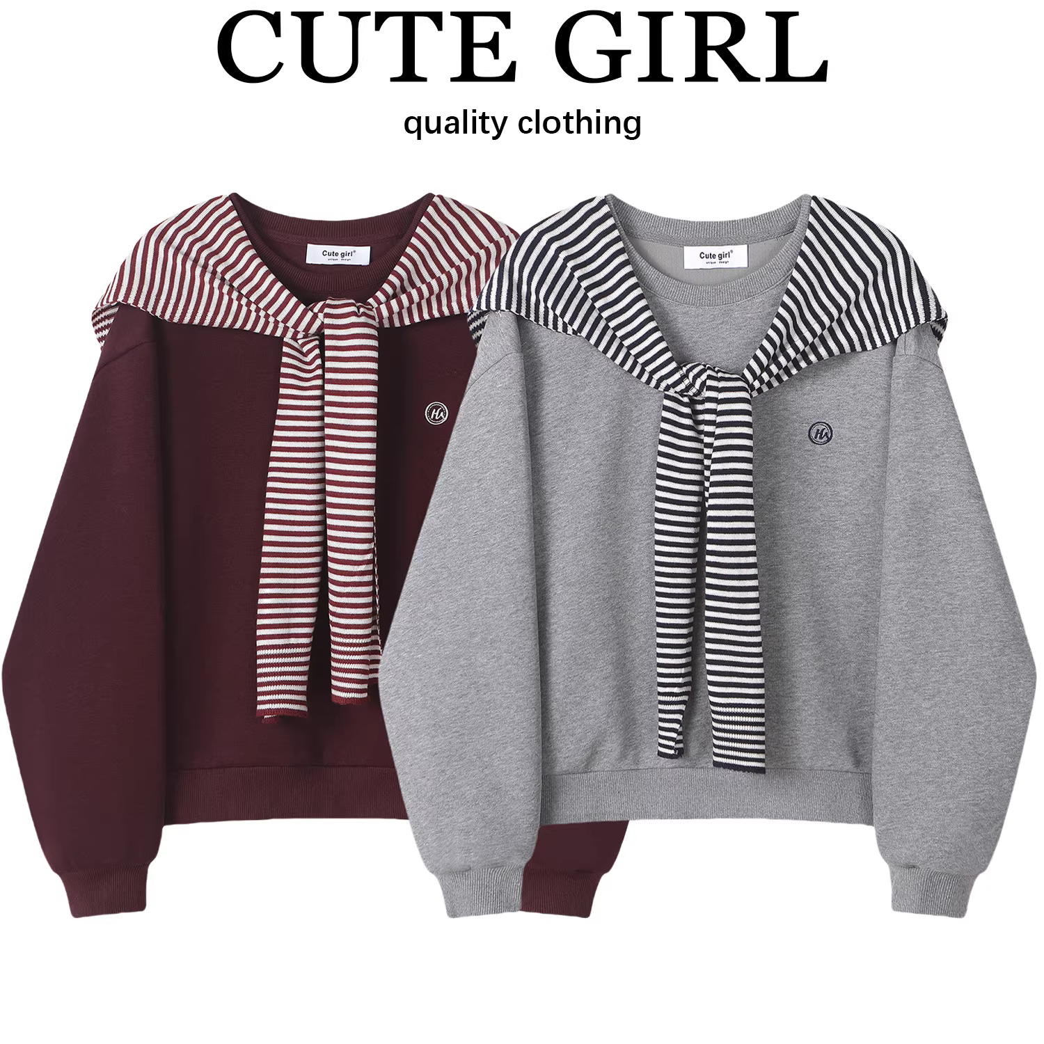 Áo len sọc xám phong cách lười biếng CuteGirl dành cho nữ, bộ hai mảnh cổ tròn cổ điển mùa thu