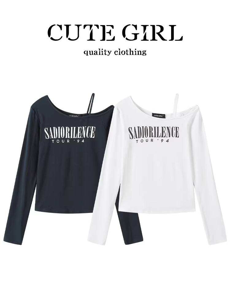 Áo thun dài tay trễ vai in họa tiết màu trắng phong cách Hàn Quốc dành cho nữ, áo kiểu dáng ôm vừa vặn mùa thu, đa năng, sành điệu, cá tính