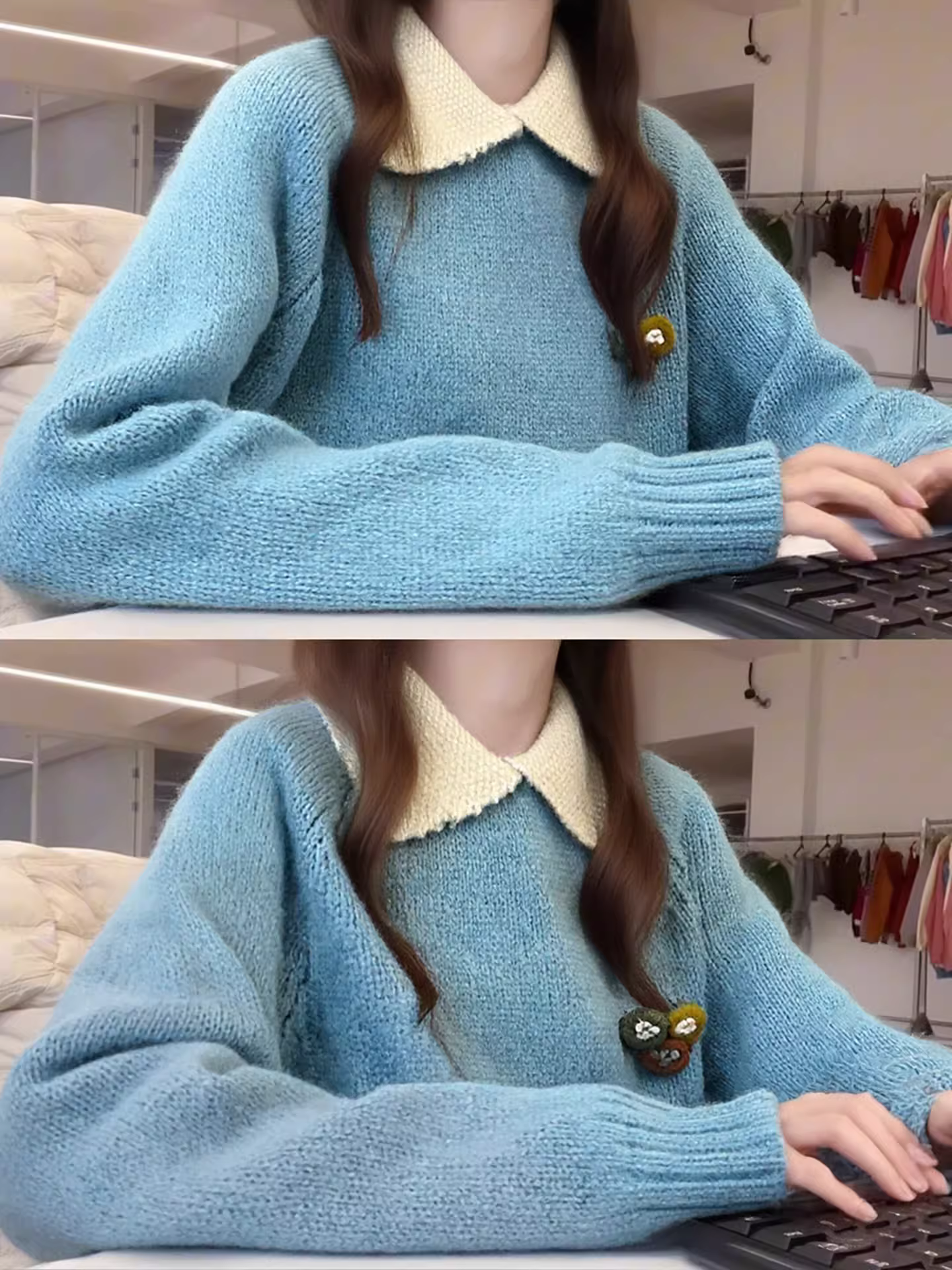 CuteGirl thiết kế áo len cổ búp bê phối màu xanh lam cho nữ áo len chui đầu dài tay mùa đông