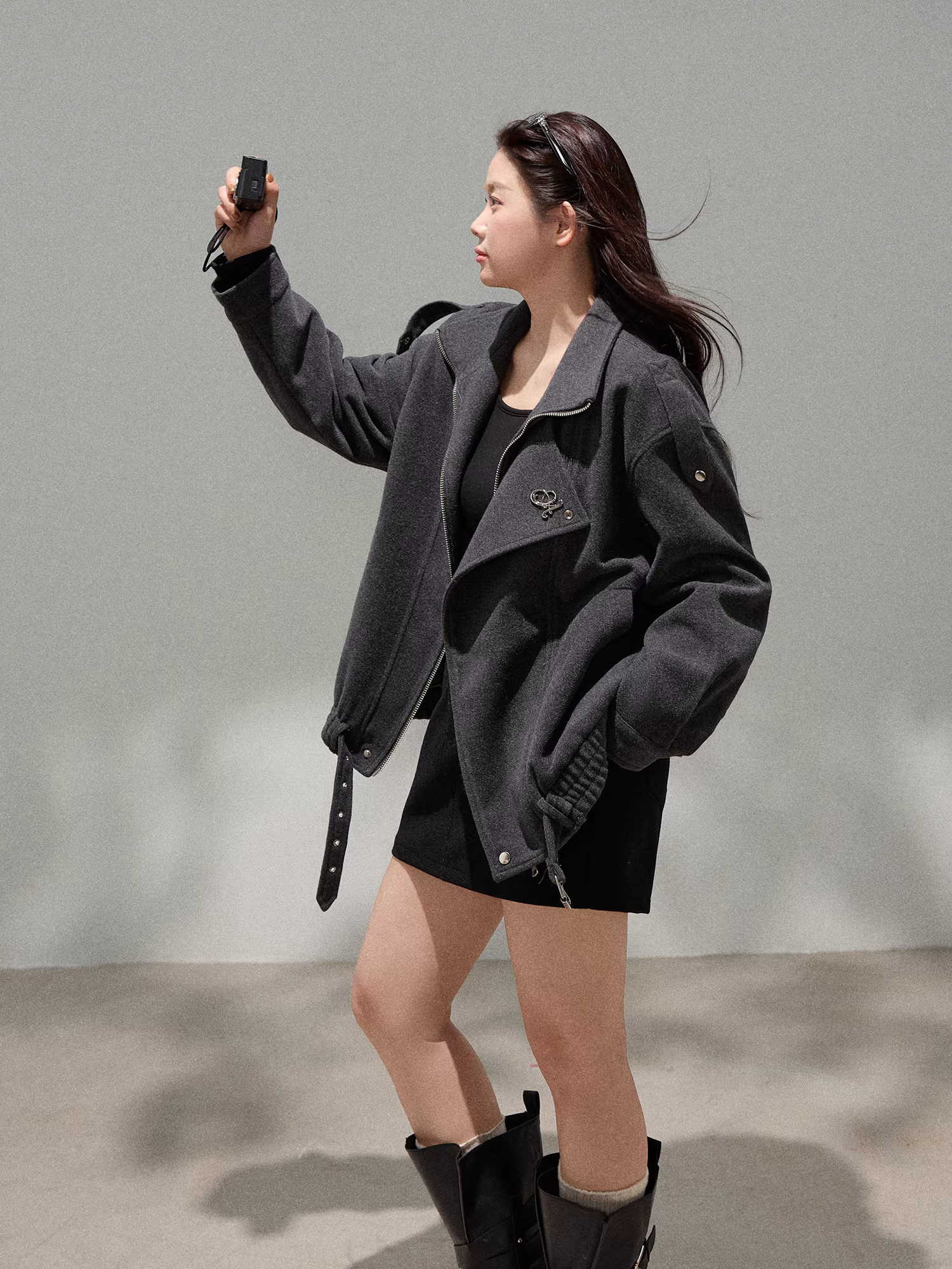 Quần áo nữ cỡ lớn dành cho các cô gái mũm mĩm, bộ trang phục giảm béo, phong cách chức năng, áo khoác len thời trang, quần váy đen