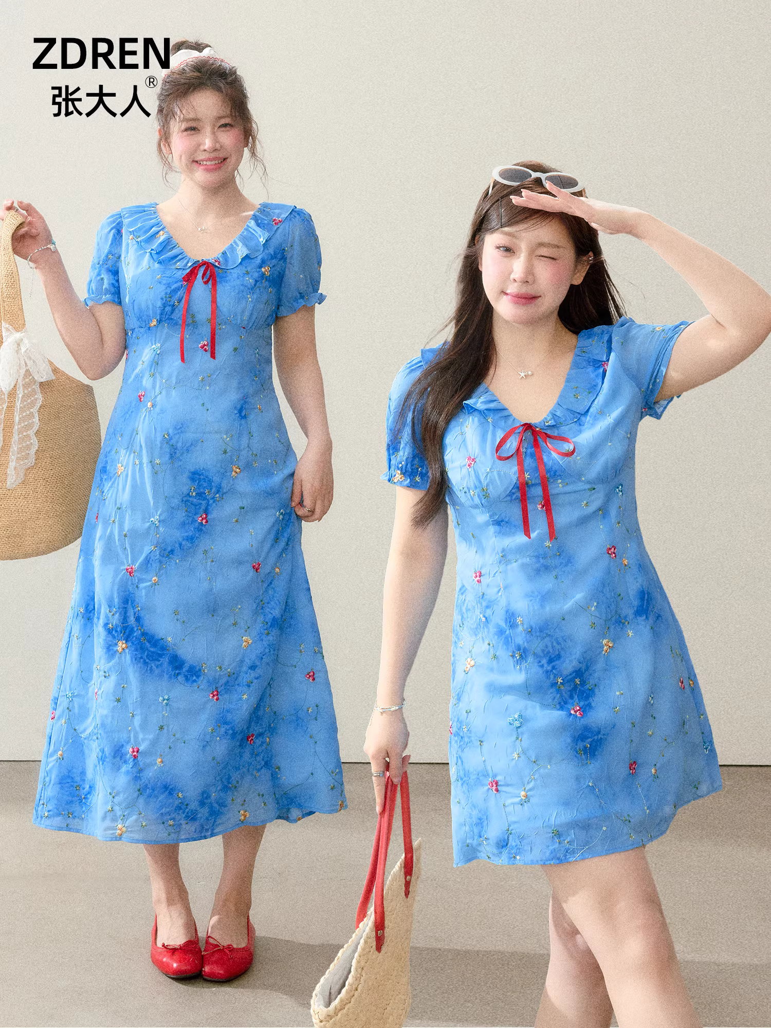 Quần áo mùa hè cỡ lớn dành cho nữ của Zhang Daren dành cho những cô gái mũm mĩm, chiếc váy màu xanh giúp thon gọn với họa tiết hoa in theo phong cách tranh sơn dầu tươi sáng.