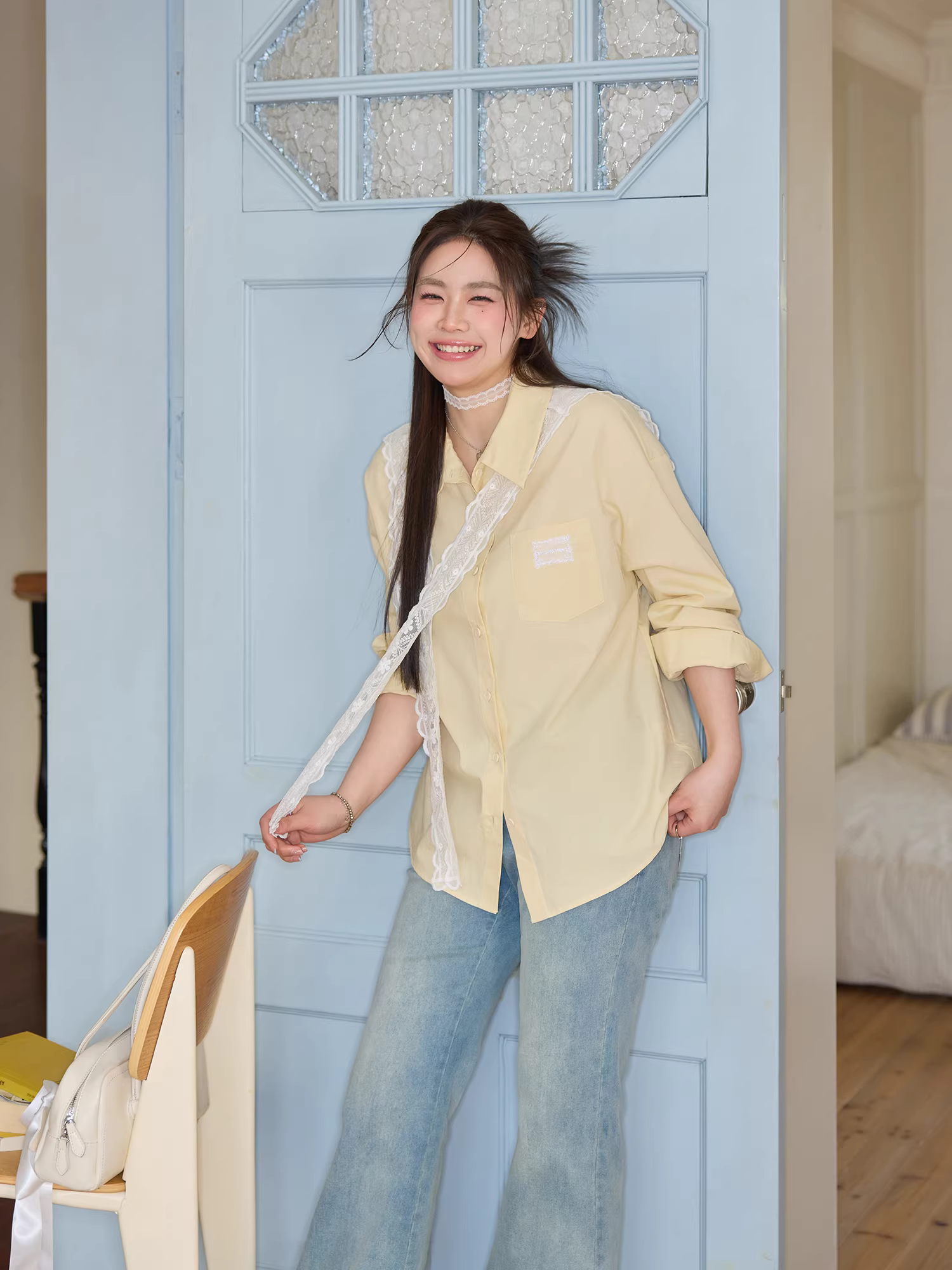 Áo sơ mi nữ Zhang Daren Thu 2025 kiểu mới, size lớn, thiết kế dành cho người mập, áo choàng ren, áo che bụng to