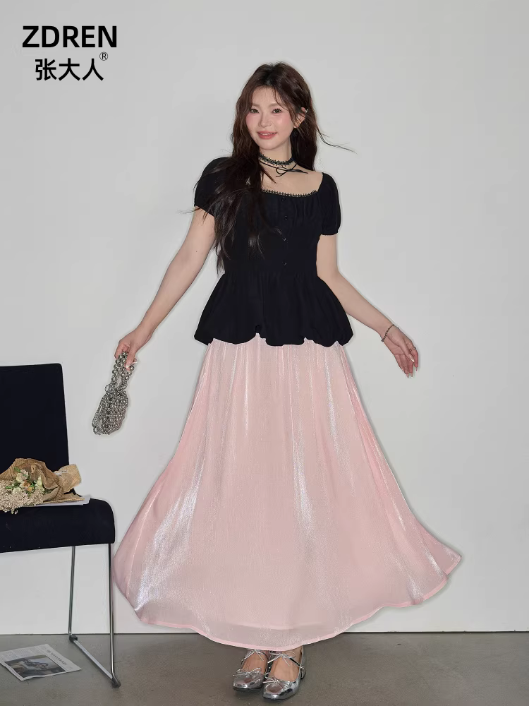 Bộ quần áo mùa hè mới dành cho nữ cỡ lớn của Zhang Daren dành cho các cô gái mũm mĩm, áo kiểu Pháp tôn dáng với chân váy chữ A nhẹ nhàng.