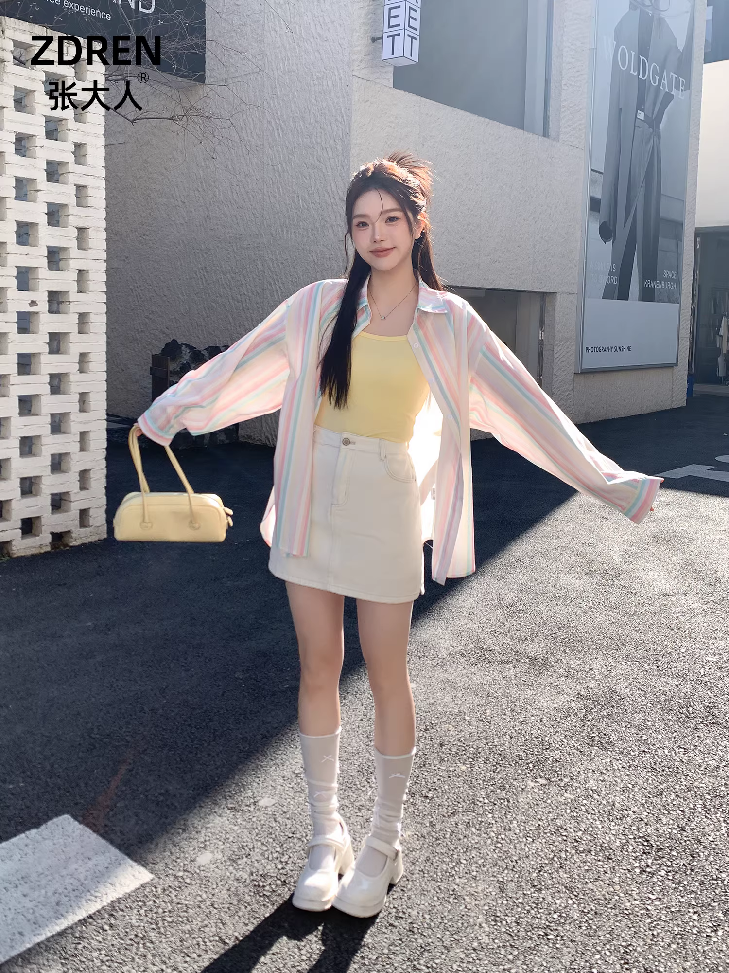 Bộ quần áo thu đông cỡ lớn dành cho nữ của Zhang Daren, dành cho các cô gái mũm mĩm, gồm áo kiểu dáng ôm dáng và chân váy denim cạp cao.