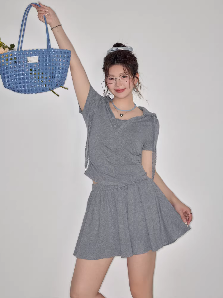 Quần áo nữ cỡ lớn dành cho người lớn, bộ áo thun ngắn tay màu xám ôm dáng và chân váy kiểu dáng mùa hè mới.