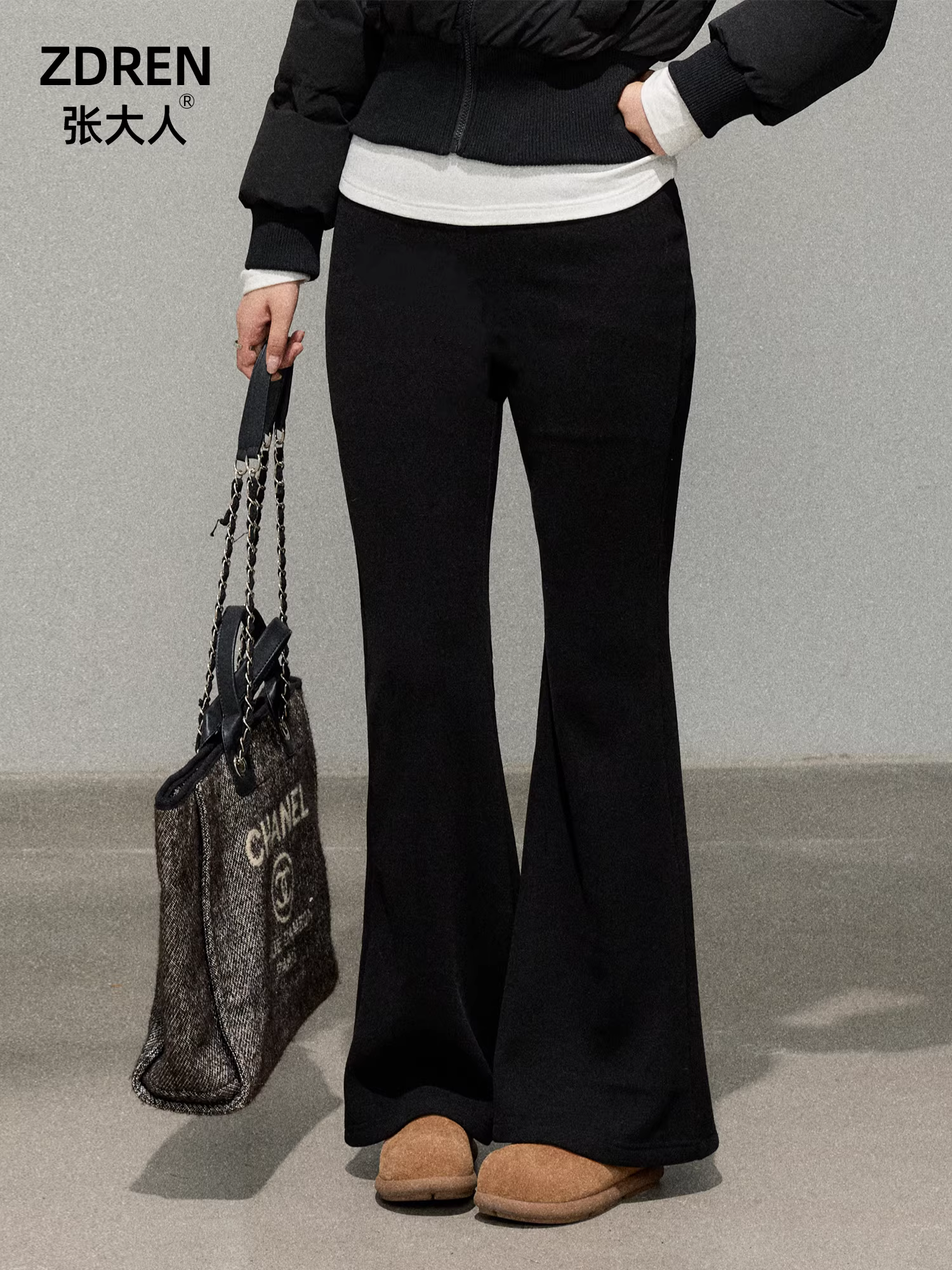 Quần áo thu đông cỡ lớn dành cho nữ của Zhang Daren, quần ống loe tôn dáng và tôn dáng dành cho những người phụ nữ hơi mũm mĩm, phong cách cô gái gợi cảm, quần đen cạp cao, co giãn.