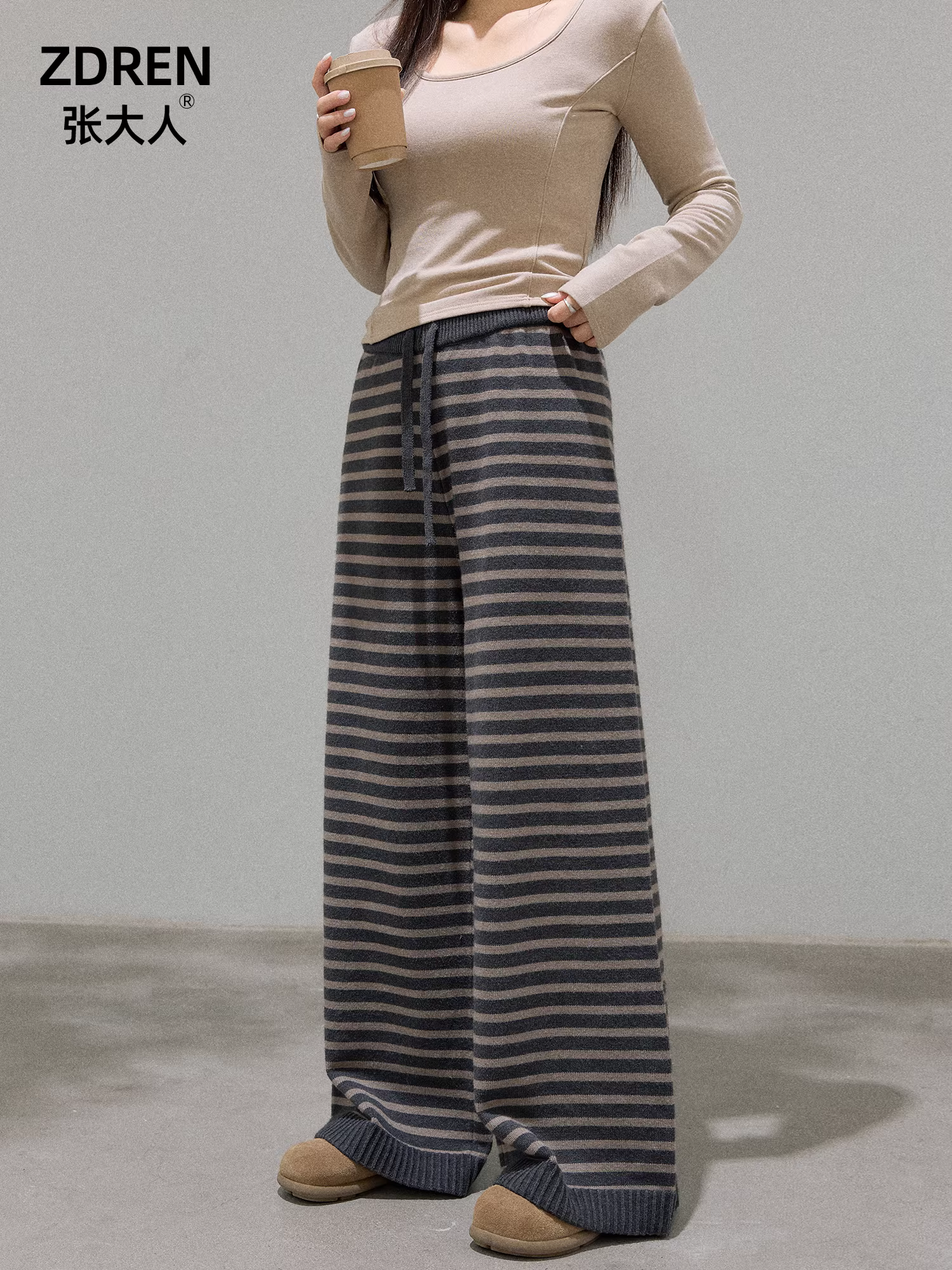 Quần áo nữ cỡ lớn mới của Zhang Daren dành cho những cô gái hơi mũm mĩm, quần dệt kim sọc kiểu Hàn Quốc cạp cao, tôn dáng, kiểu cổ điển mùa thu đông.