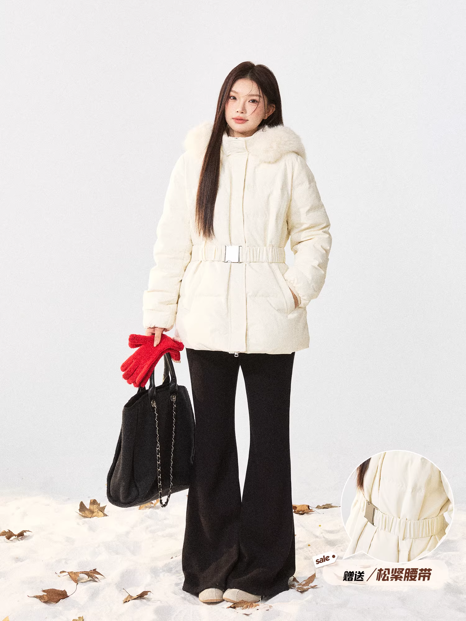 Quần áo nữ cỡ lớn dành cho người lớn, phong cách Hàn Quốc, tôn dáng, thanh lịch, màu trắng sữa, ôm eo, áo khoác lông trắng.