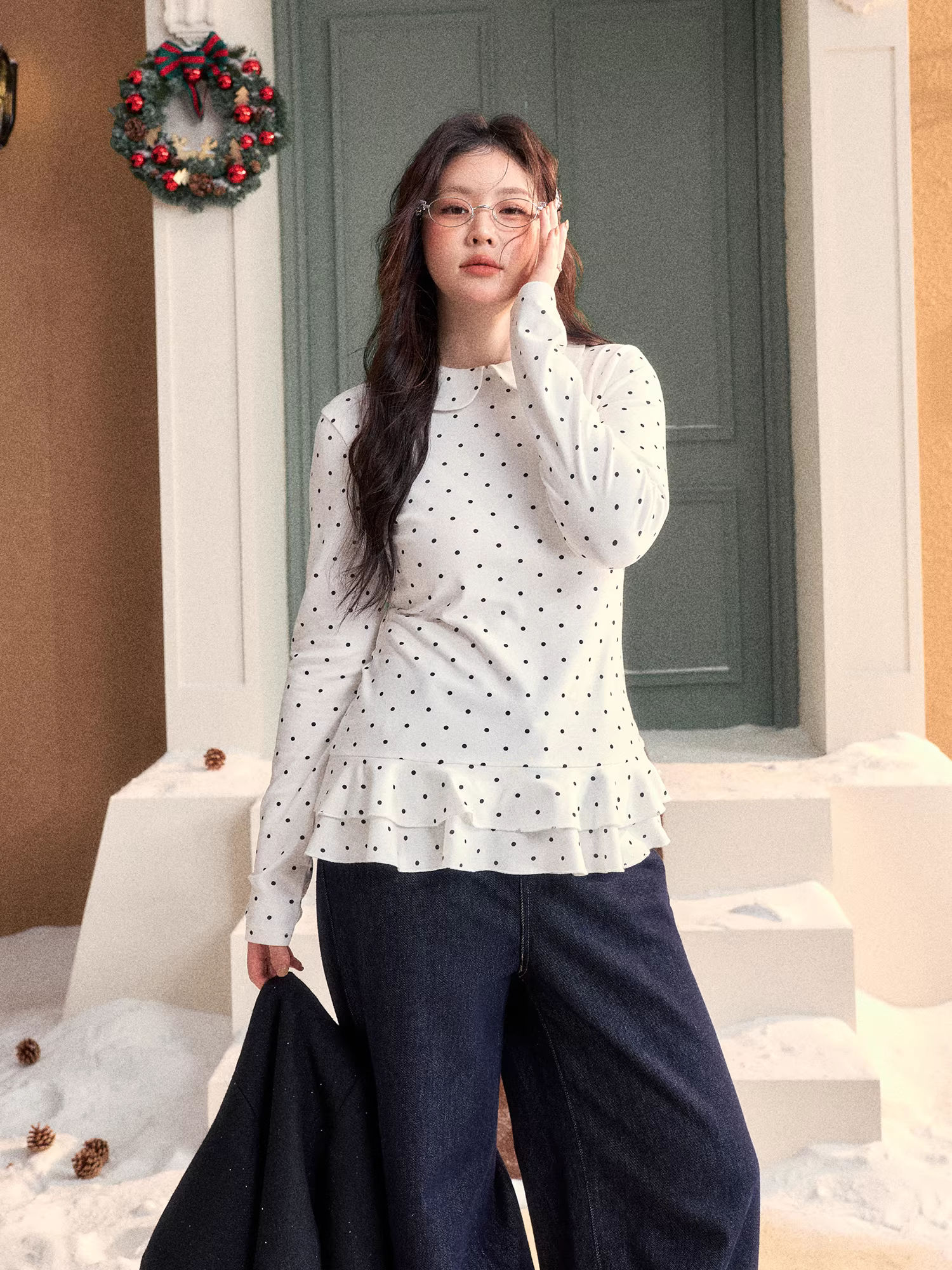 Quần áo nữ cỡ lớn dành cho những cô gái hơi mũm mĩm, áo sơ mi dài tay cổ búp bê kiểu Pháp mùa đông kiểu Pháp.