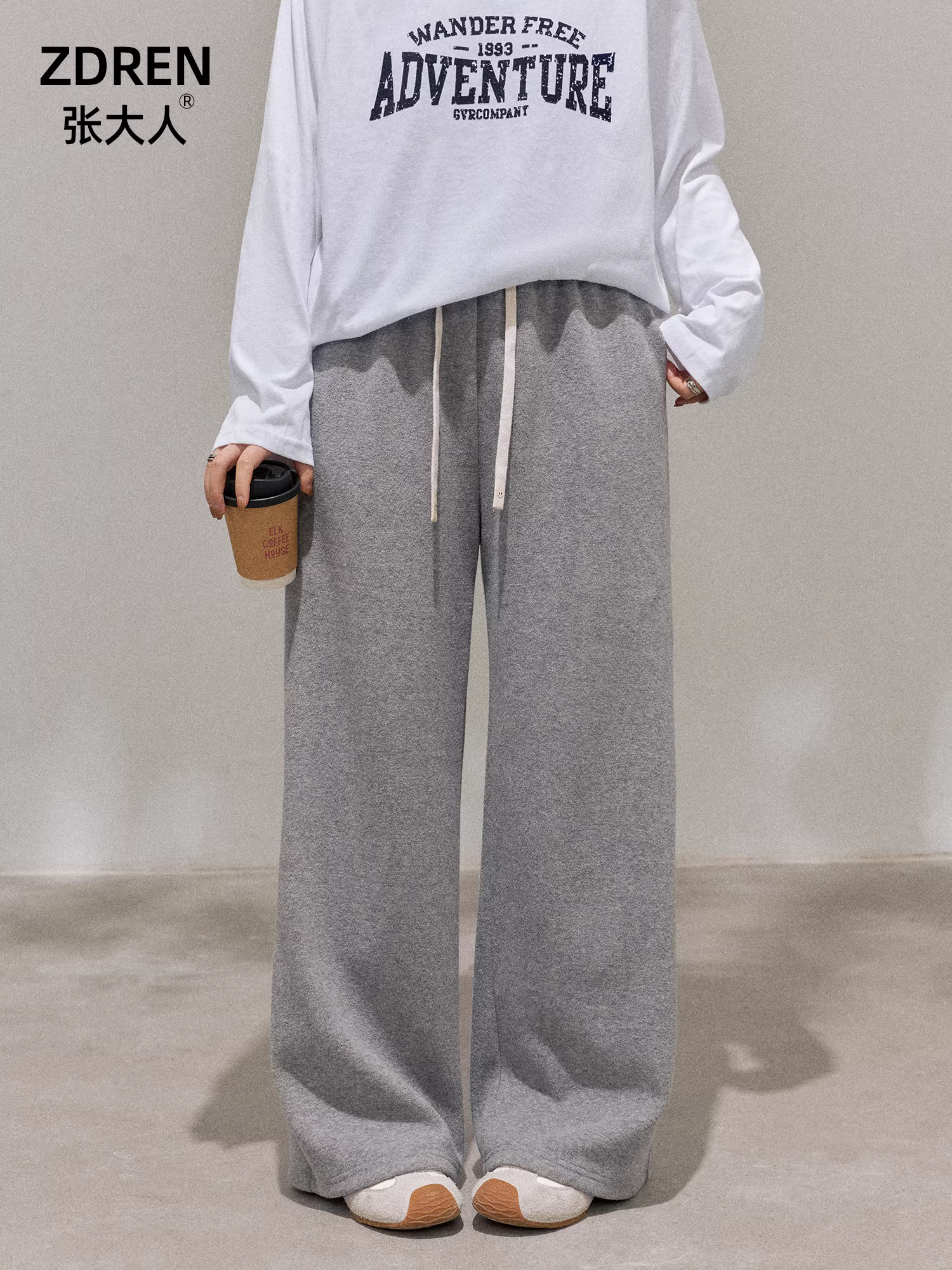 Quần áo nữ cỡ lớn mới của Zhang Daren dành cho các cô gái mũm mĩm, phong cách Hàn Quốc, quần ống rộng đa năng lưng cao màu xám giản dị giúp thon gọn.