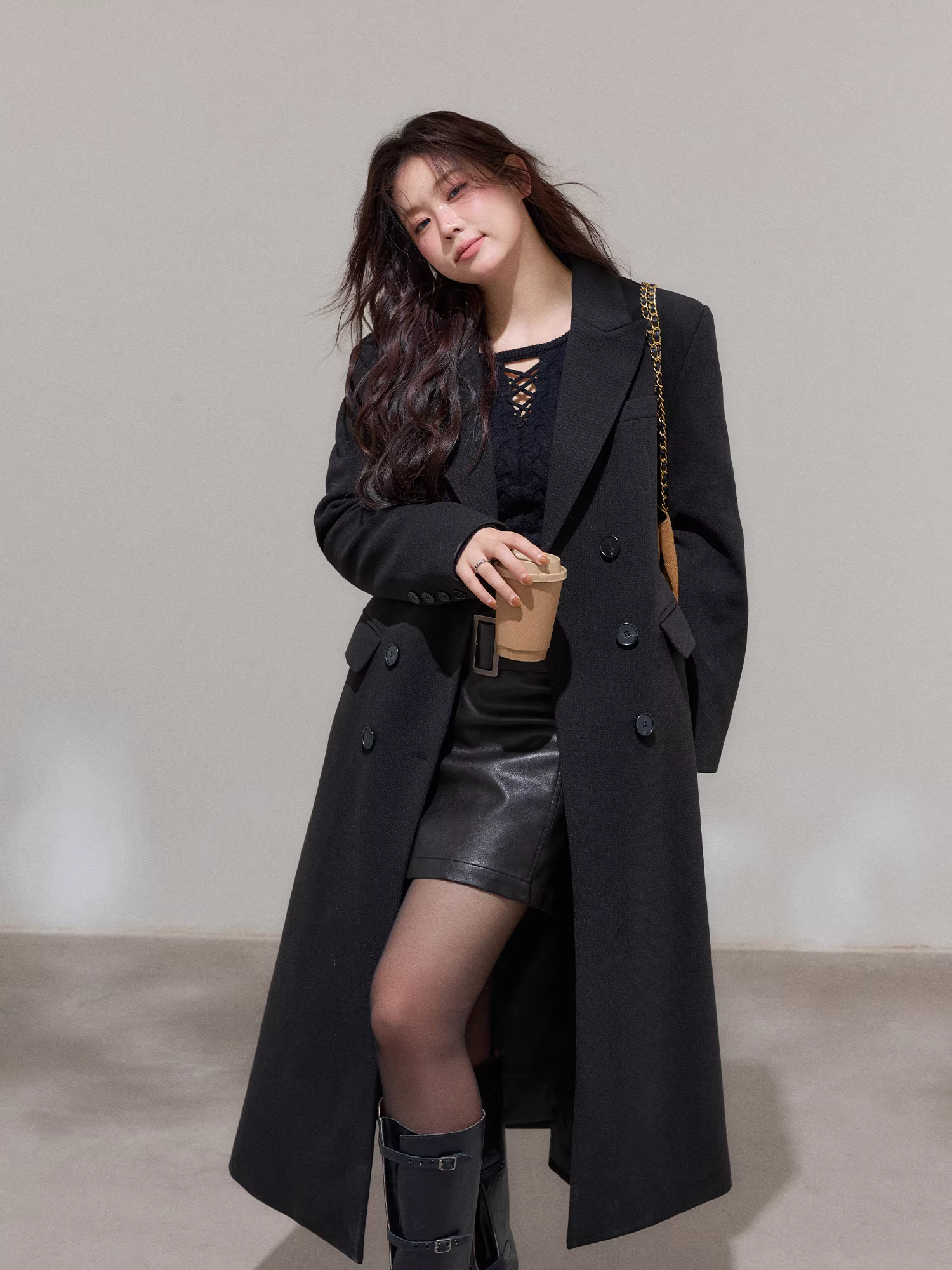 Áo khoác len đen dáng dài, cài khuy đôi, eo thon, kiểu Hàn Quốc, thu đông dành cho nữ cỡ lớn.