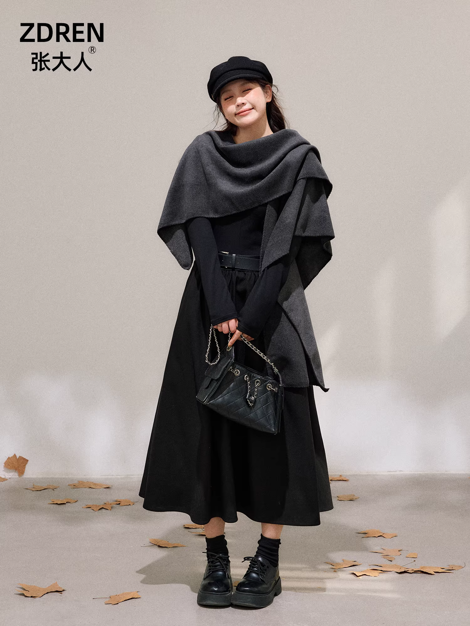 Quần áo nữ cỡ lớn dành cho người lớn, hơi mũm mĩm, phong cách Hàn Quốc, mùa đông, giảm béo, sang trọng, bộ váy đen kiểu áo choàng thanh lịch.