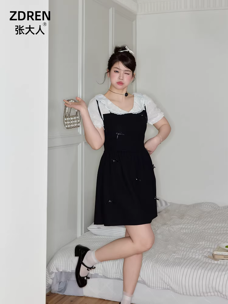 Quần áo nữ cỡ lớn dành cho người lớn, thiết kế nơ thanh lịch và duyên dáng, váy giả hai mảnh, váy tôn dáng và che phủ cơ thể.